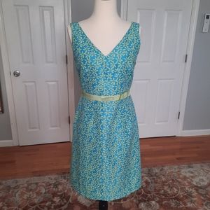 Blue silk blend floral print sleeveless sheath dress